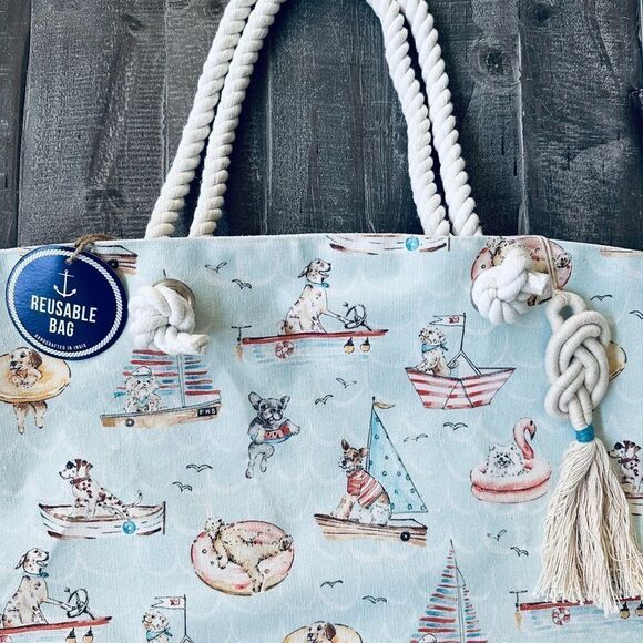 Large Nautical Ocean Dogs Print Canvas Burlap Beach Tote Bag - Picture 2 of 4